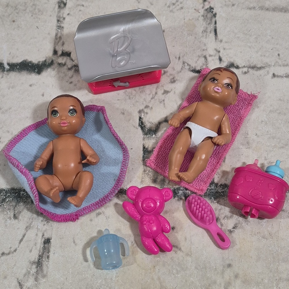 Barbie Baby Figures Lot Of 2 With Scale Blankets Bottles Teddy Bear
